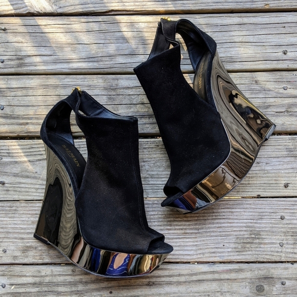 BALMAIN Cutout Leather Suede Open Toe Ankle Wedges - Picture 7 of 10